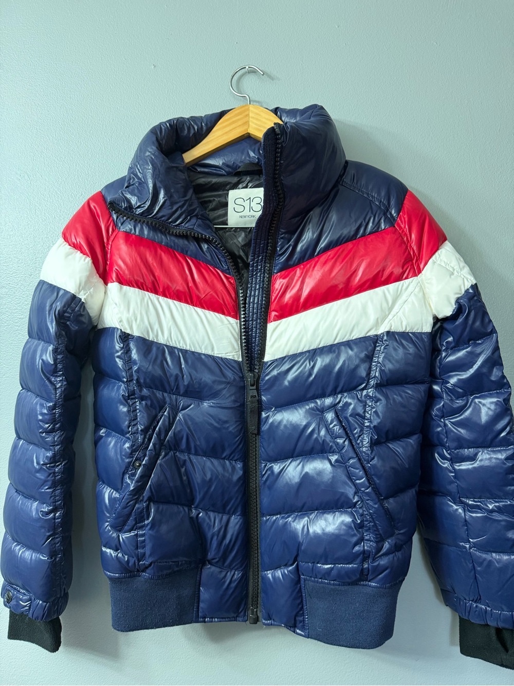 SAM New York Starburst Jacket Down Puffer in Blue White Red Silver Stripes Sz S